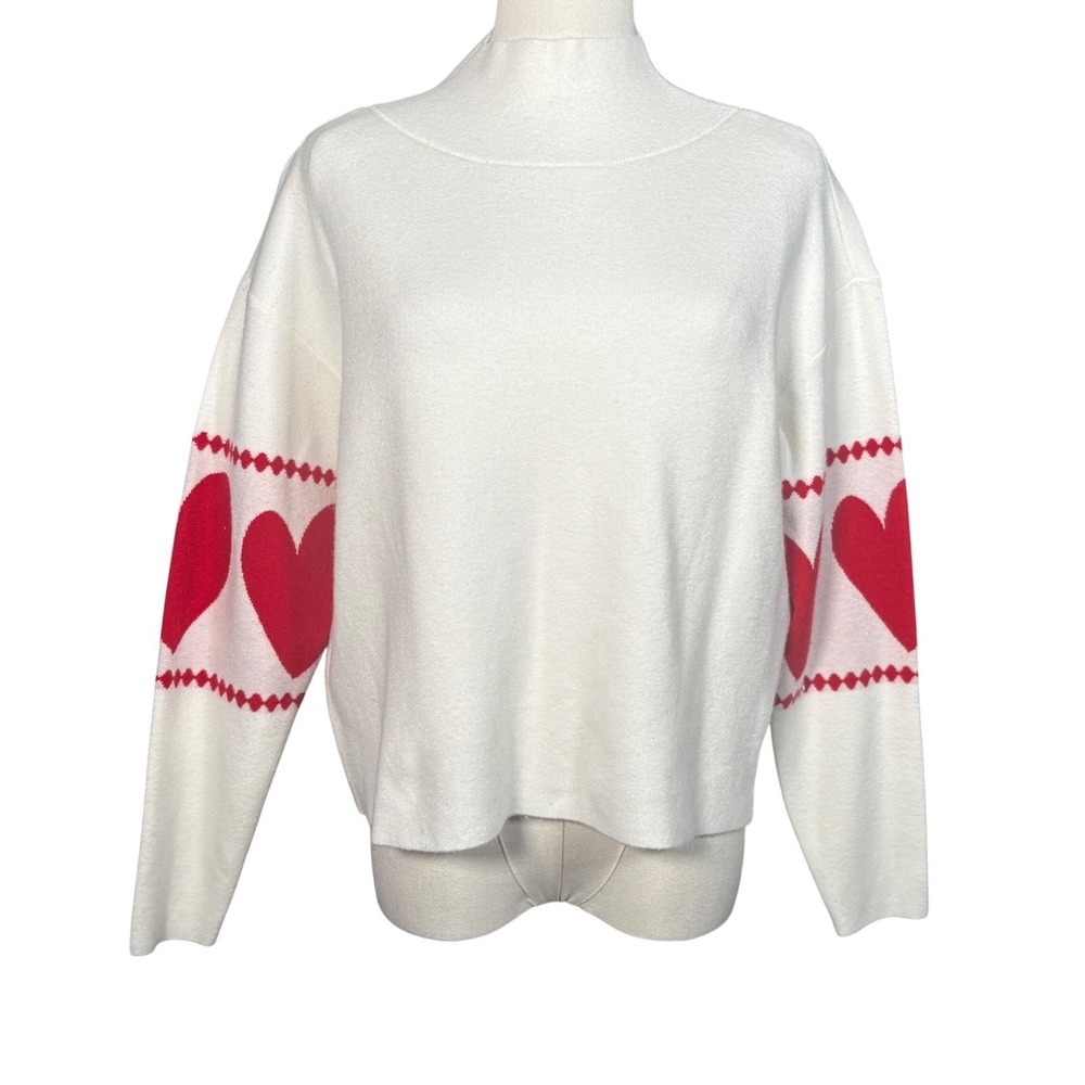 Mauve White Knit Sweater Red Heart Sleeves XS Romantic Pullover